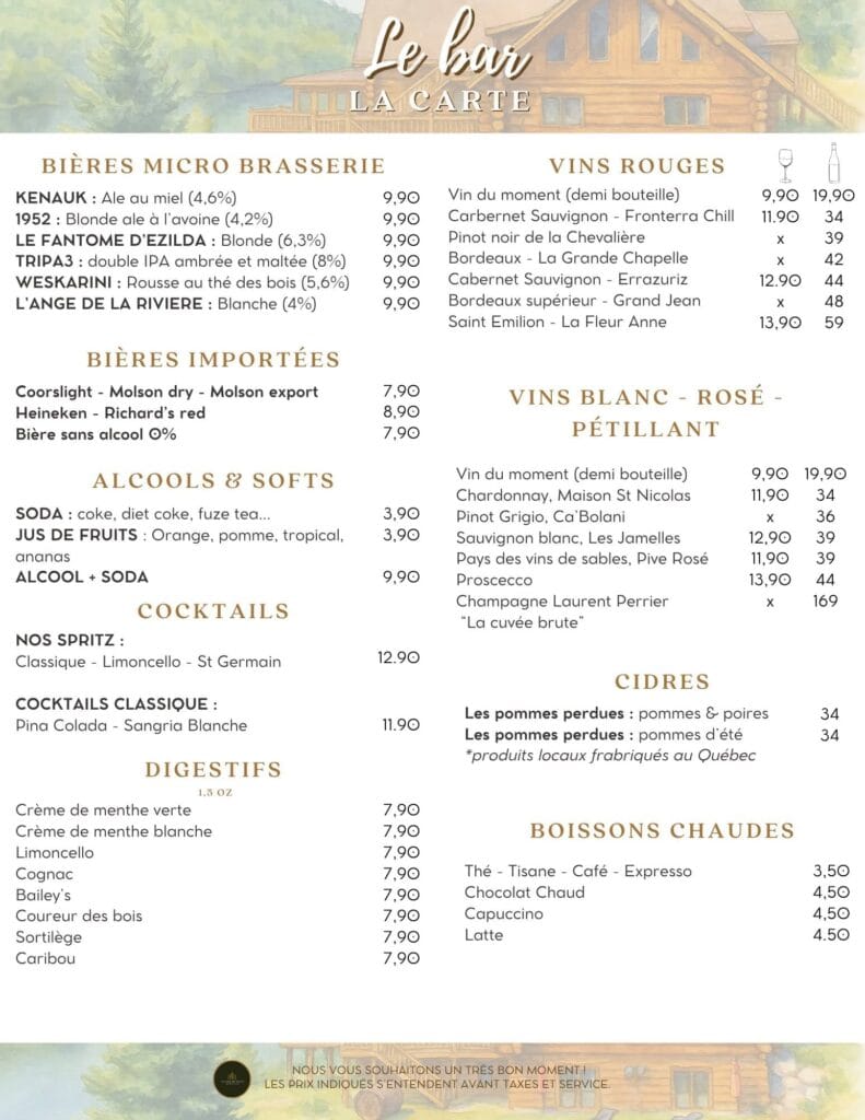 Carte du bar de l'Auberge Couleurs de France