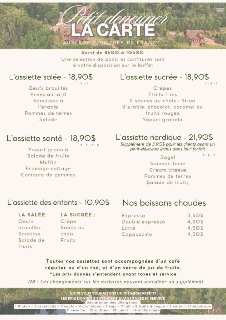 Menu Petit Déjeuner - Auberge Couleurs de France
