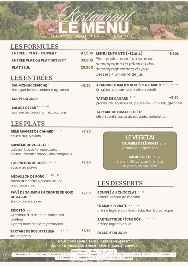 Menu été 2026 - Auberge Couleurs de France