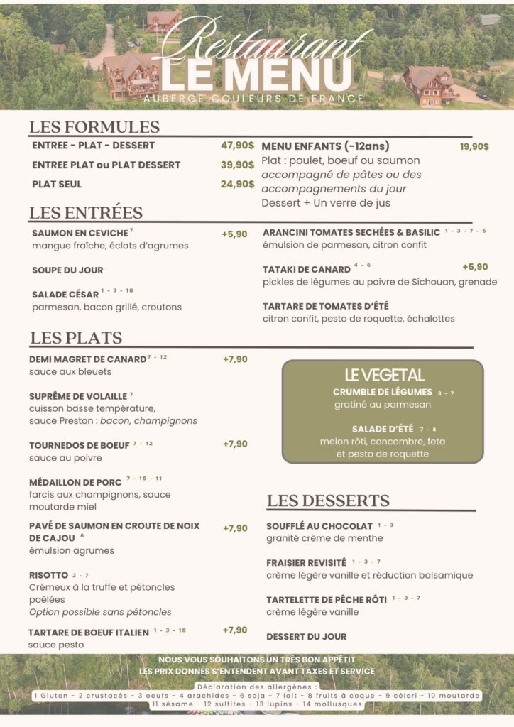 Menu été 2026 - Auberge Couleurs de France